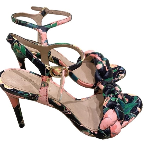 Rachel Zoe floral sandals twisted puff style pink, green, black 3 inch heel sz 6 - Picture 1 of 11